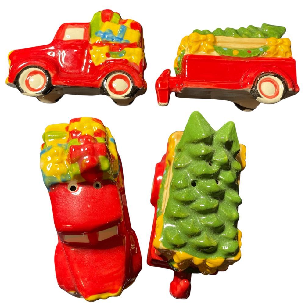 Vintage Style Red Truck Christmas Tree Salt &‎ Pepper Shaker Set Holiday Kitchen